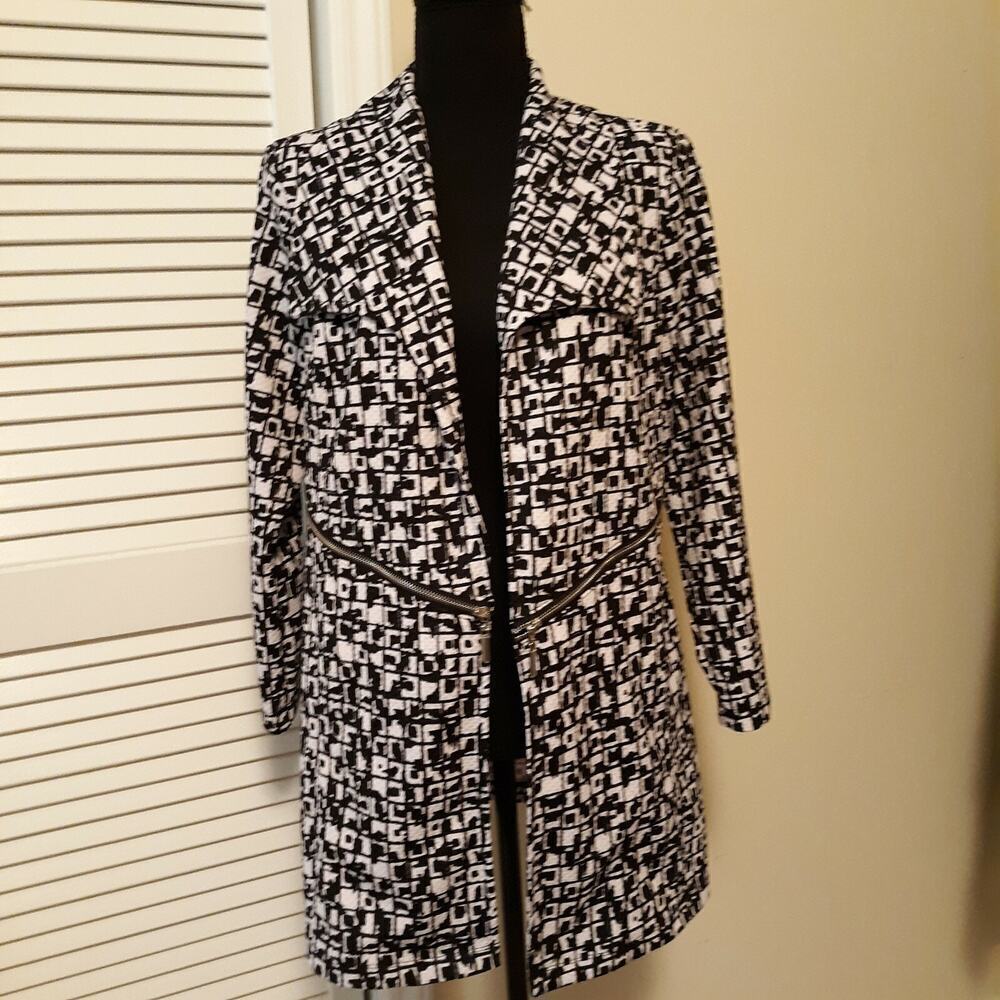 Premise Long Open Jacket Women's Sz S Black/White with Silver Zipper Accents